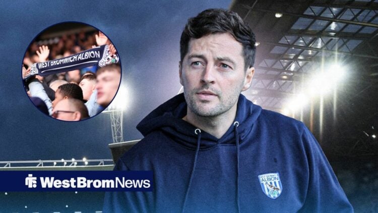West Brom manager Ryan Mason glances in the direction of the fans, who hold a club scarf aloft in a circular inset.