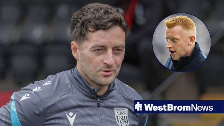 West Brom manager Ryan Mason smiles towards Southampton boss Will Still, who features in a circular inset.