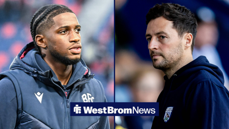 A split image featuring West Brom winger Samuel Iling-Junior staring across from the left side towards manager Ryan Mason, who meets his gaze.