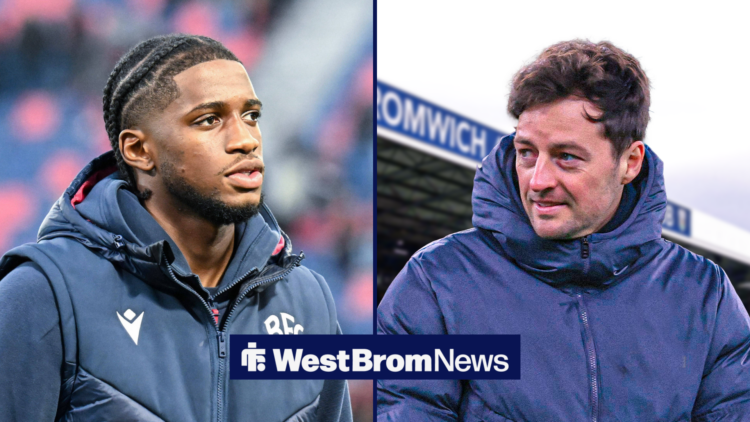 A split image as West Brom manager Ryan Mason smiles across at Samuel Iling-Junior.