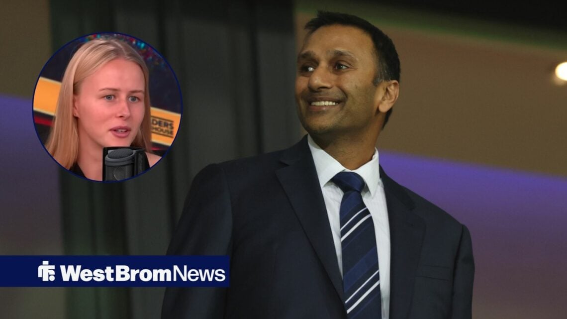West Brom chairman Shilen Patel smiles in the direction of England Women goalkeeper Hannah Hampton, who features in a circular inset.