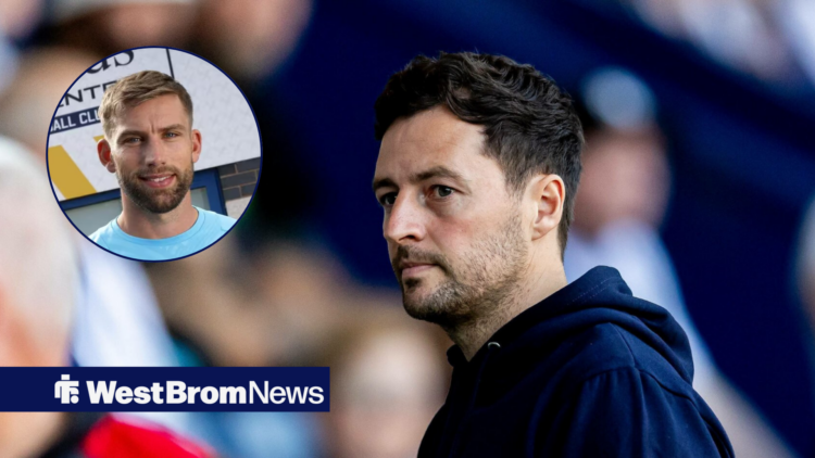 West Brom coach Ryan Mason and stares ahead towards Charlie Taylor smiling in circular inset