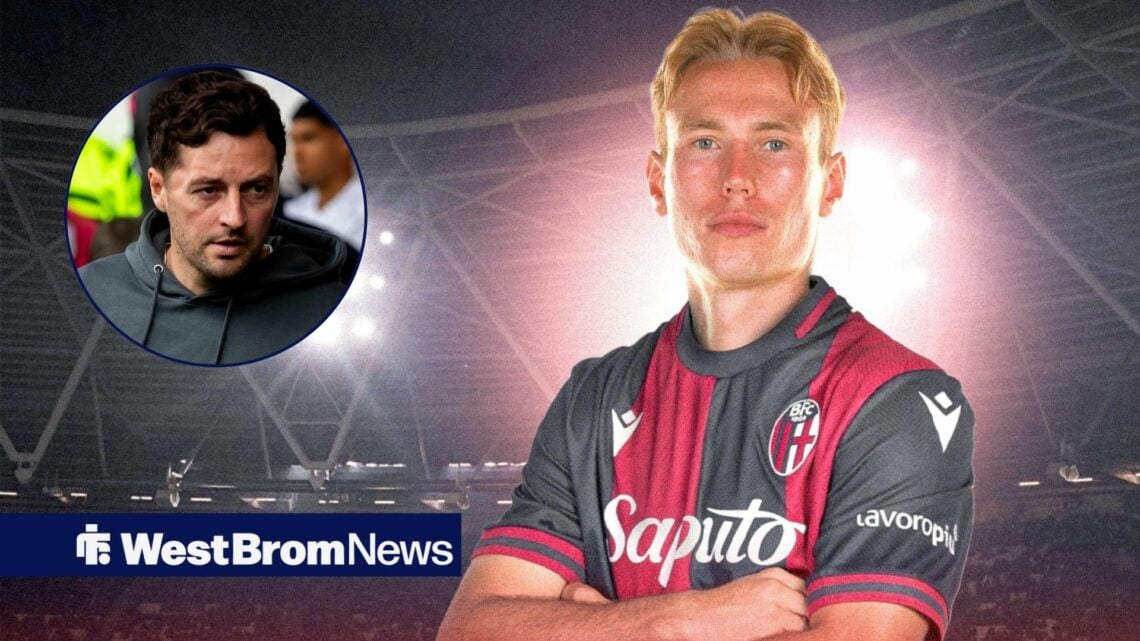 Torbjorn Heggem stands with his arms folded wearing a Bologna shirt, as West Brom manager Ryan Mason glares at him from a circular inset.
