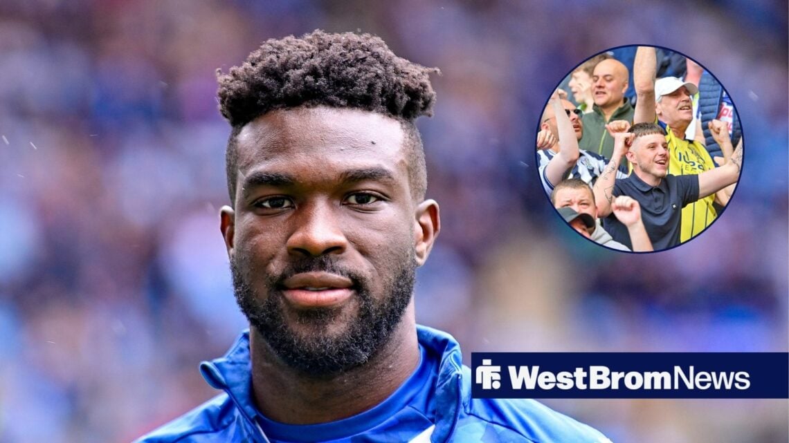 West Brom striker Daryl Dike and Baggies fans in circular inset
