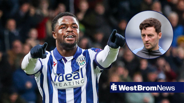 Josh Maja pointing in front smiling at West Brom manager Ryan Mason in circular inset