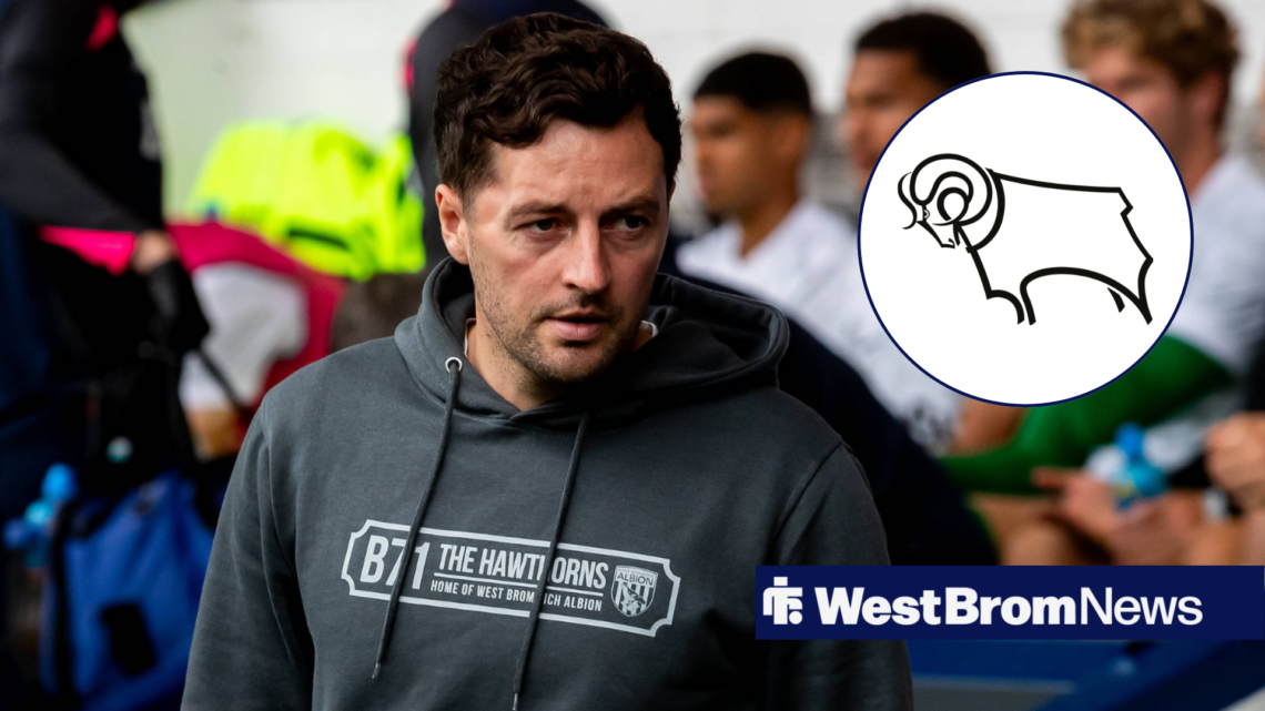 West Brom manager Ryan Mason and Derby County badge in corner