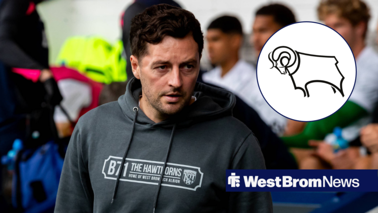 West Brom manager Ryan Mason and Derby County badge in corner