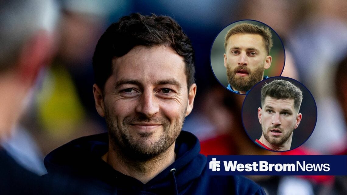 West Brom manager Ryan Mason and Nat Phillips and Chris Mepham in circular insets