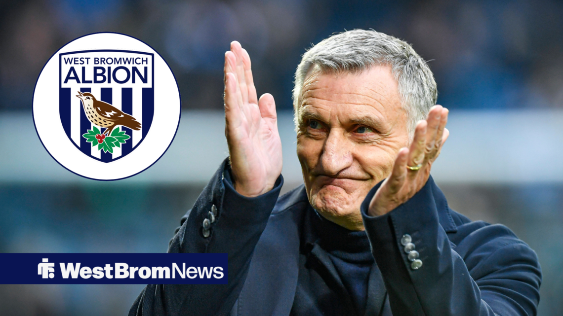 West Brom badge in circular inset and Tony Mowbray