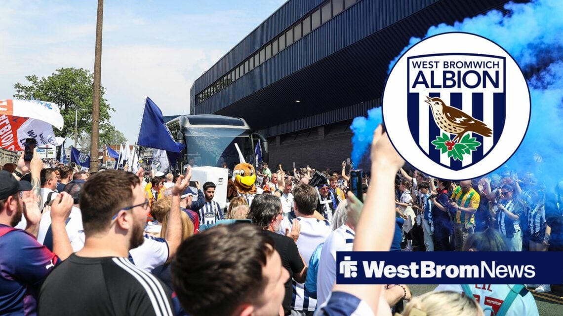 West Brom fans welcome the team bus at The Hawthorns, as the club badge features in a circular inset.
