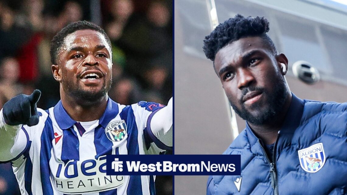 Josh Maja celebrating while in action for Albion and Daryl Dike focusing before a game in split image