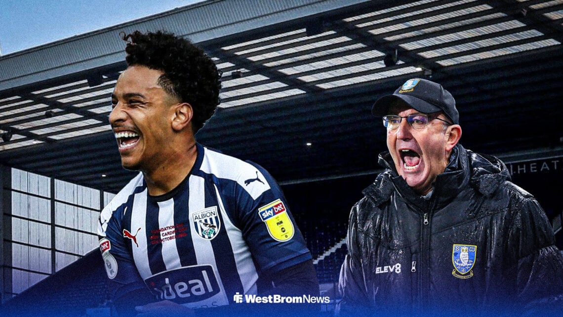 Matheus Pereira celebrating in a 20/21 WBA kit, Tony Pulis looking angrily at The Hawthorns