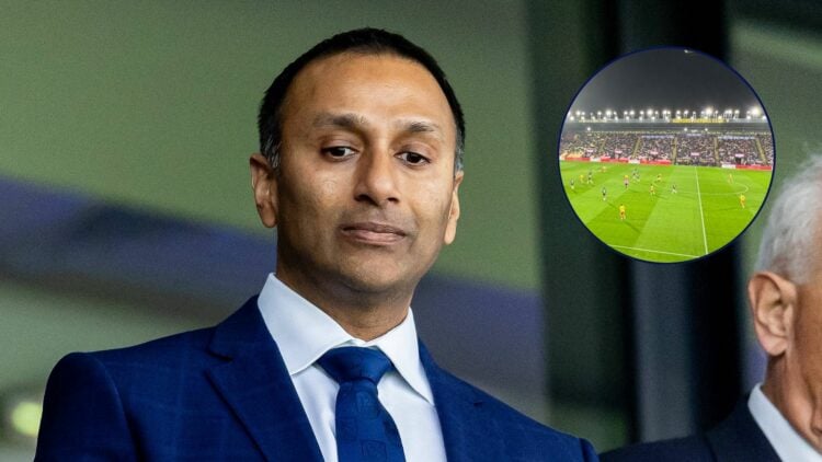 Shilen Patel watches on, with Vicarage Road in a circular frame alongside him