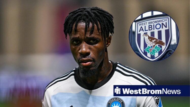 Wilfried Zaha looks towards his left, with a West Brom badge in a circular frame