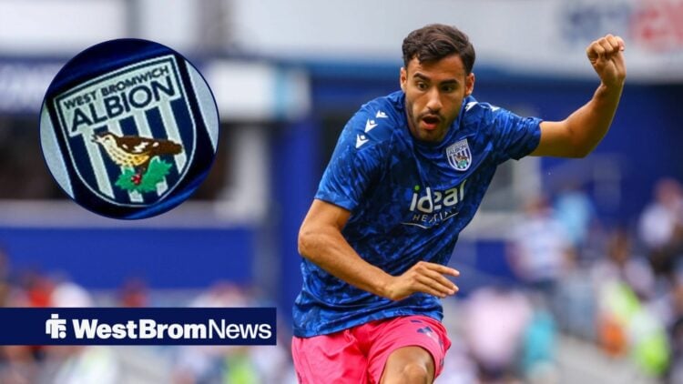 Gianluca Frabotta kicking ball with West Brom badge in circle