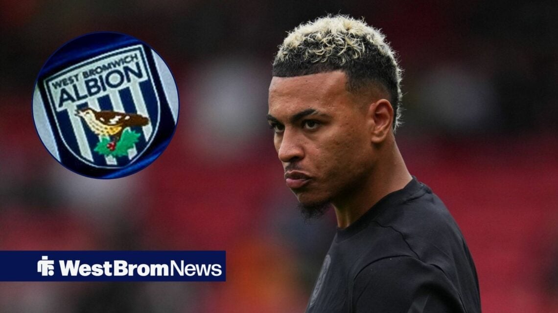 Morgan Rogers looking at West Brom badge in circle