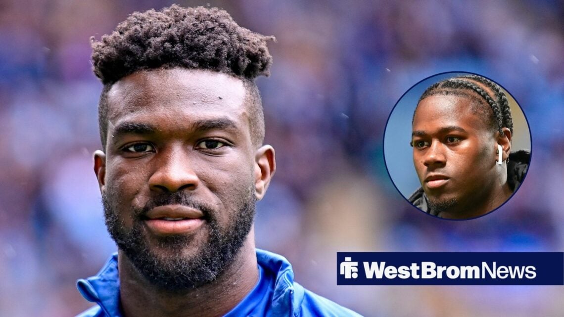 West Brom striker Daryl Dike with Barnsley winger Reyes Cleary inset