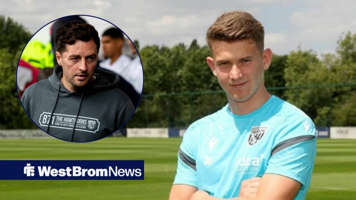 Jack Bray at West Brom's training ground. To his left is a smaller picture of manager Ryan Mason.
