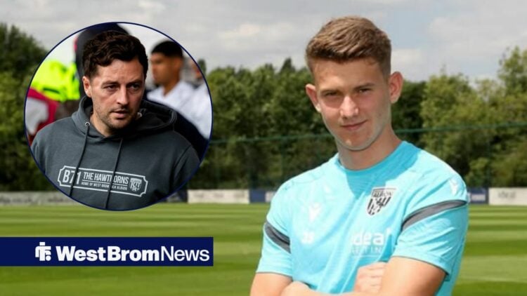 Jack Bray at West Brom's training ground. To his left is a smaller picture of manager Ryan Mason.
