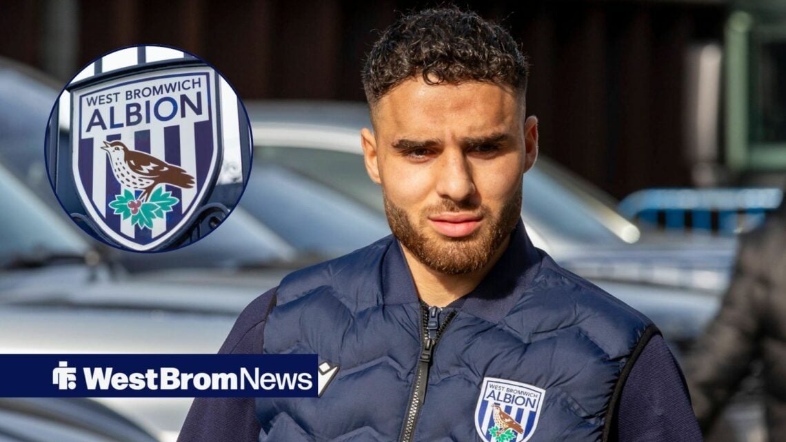 Tammer Bany arrives for a West Brom game, with a West Brom badge in a circular frame inset