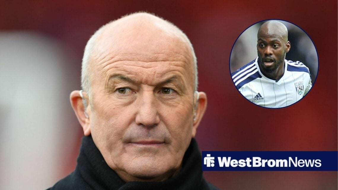 Tony Pulis looks to his right, with Youssouf Mulumbu in a circular frame alongside him