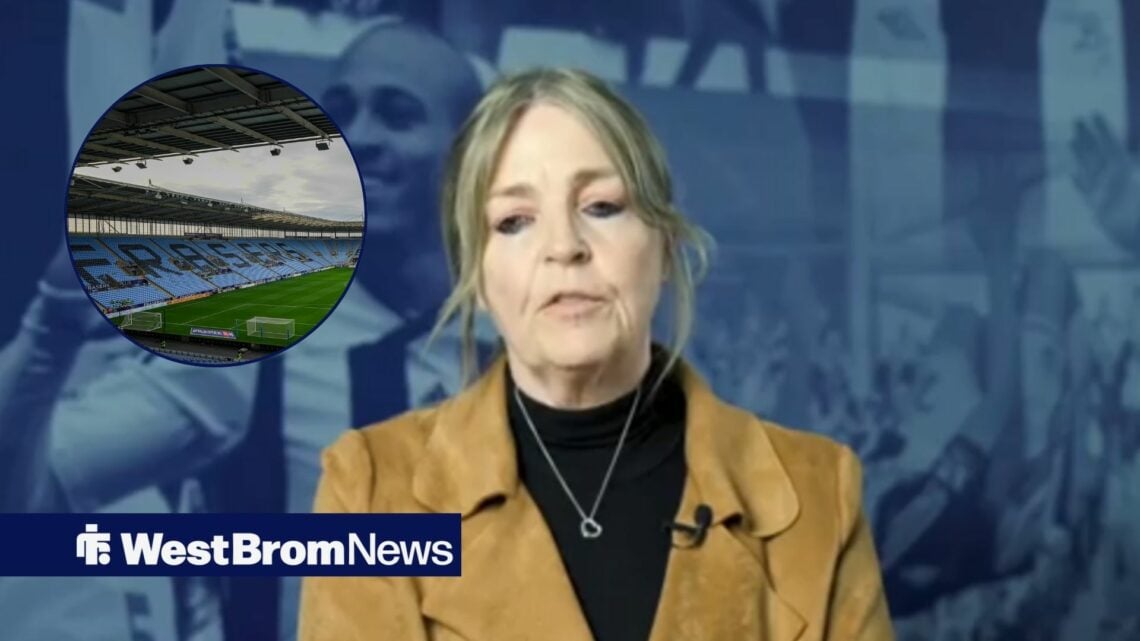 Dawn Astle speaking during an interview, with Coventry's CBS Arena in a circular frame alongside her