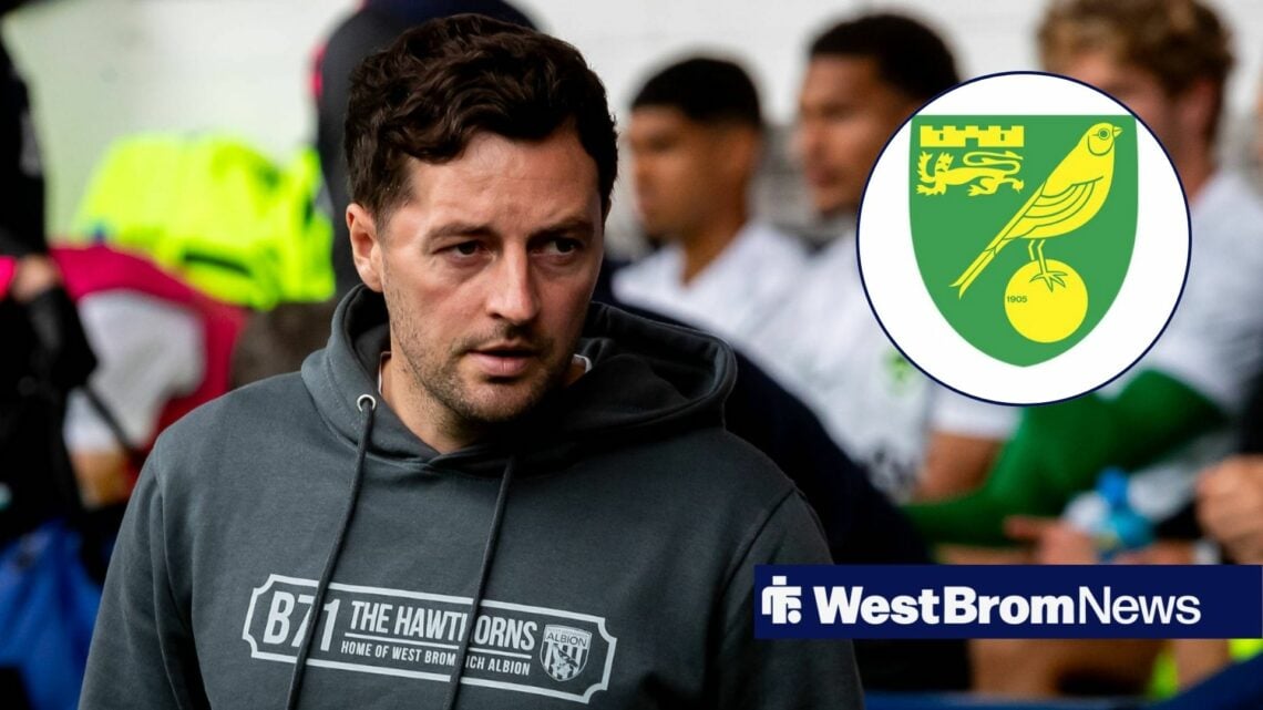 Ryan Mason in a grey West Brom hoodie looking to the right from the left, as Norwich City badge on the right