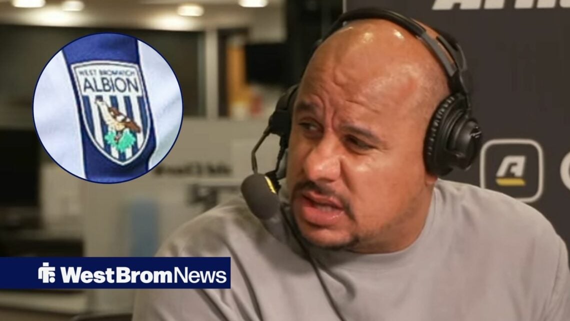 Gabby Agbonlahor looking baffled looking towards a West Brom badge in a circle inset