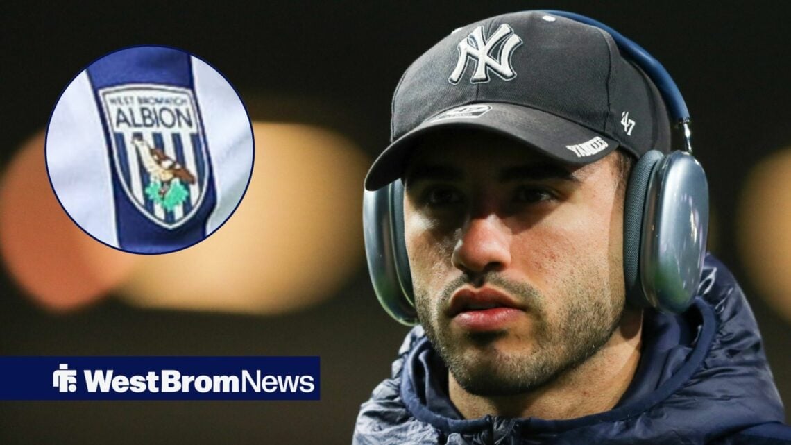 Tammer Bany in headphones and a coat looking towards a West Brom badge in a circle inset