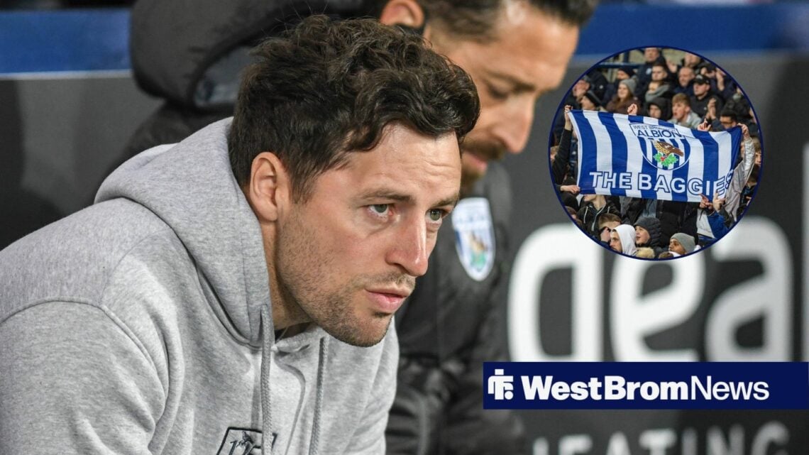 Ryan Mason stares unhappily at West Brom fans in a circular frame inset