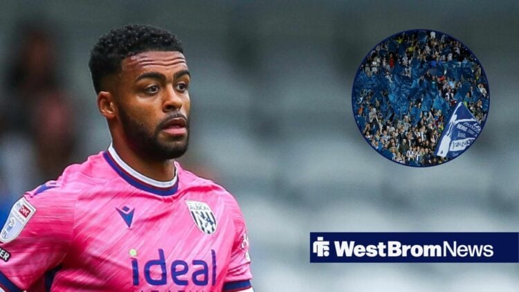 Darnell Furlong alongside a circle inset of West Brom fans.