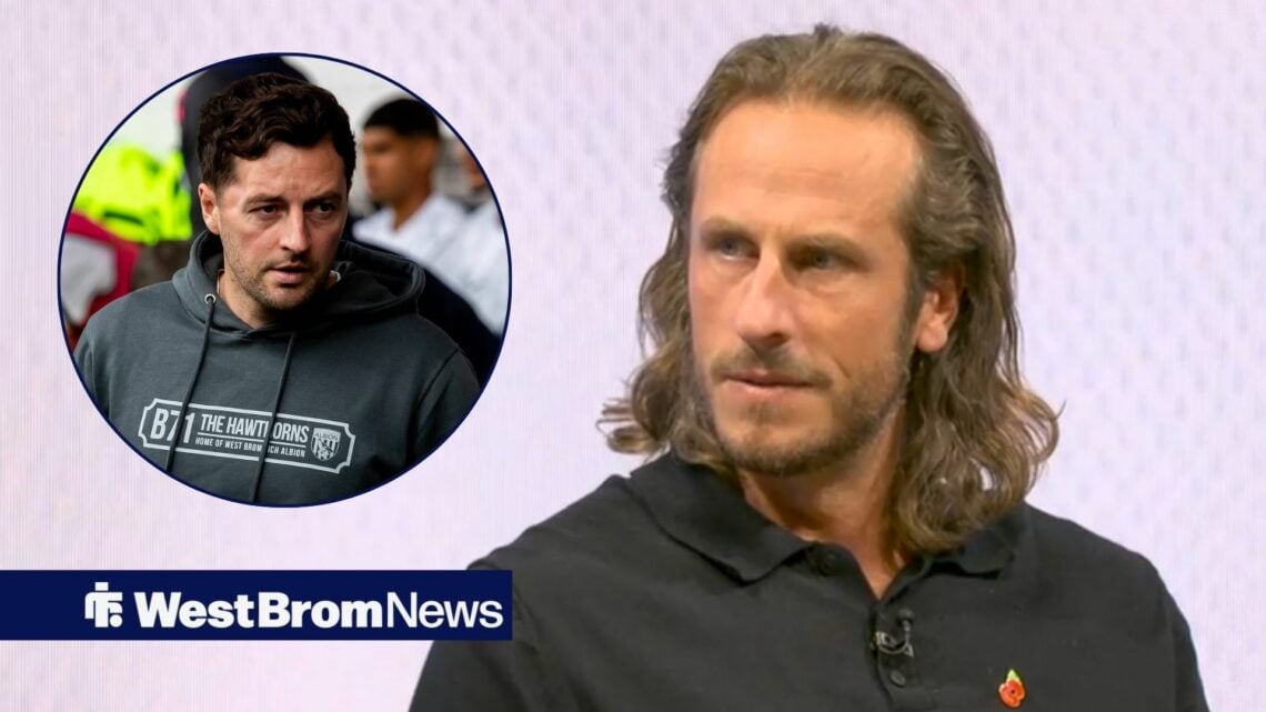 Jonas Olsson reacts to West Brom's loss vs Ipswich on Sky Sports. To his left is a picture of Ryan Mason.