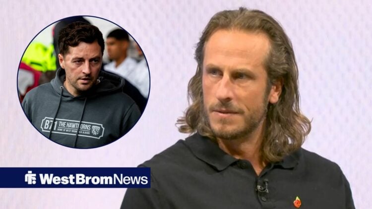 Jonas Olsson reacts to West Brom's loss vs Ipswich on Sky Sports. To his left is a picture of Ryan Mason.