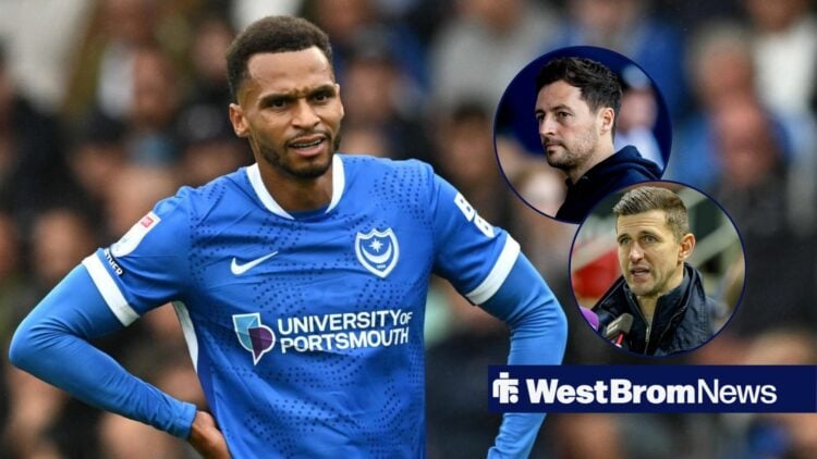 Josh Murphy with his hands on his hips while playing for Portsmouth. To his right are smaller pictures of Ryan Mason and John Mousinho.