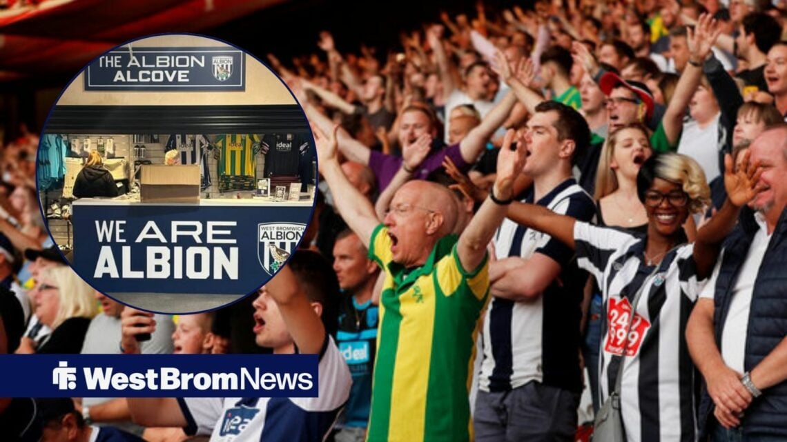 West Brom fans cheer on their team. To the left is a small circle with an image of the club's new official shop.