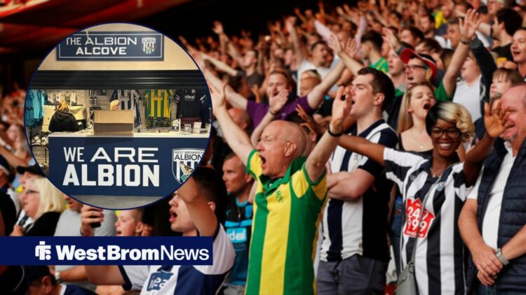 West Brom fans cheer on their team. To the left is a small circle with an image of the club's new official shop.