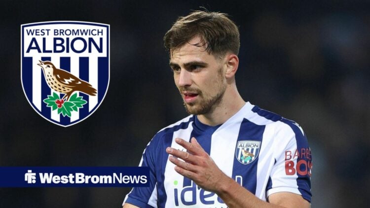 Jayson Molumby in action for West Brom, with a West Brom badge alongside him