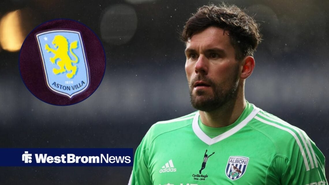 Ben Foster playing for West Brom looking towards an Aston Villa badge in a circle inset