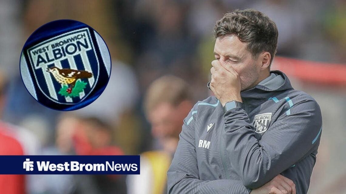 Ryan Mason with head in hands with West Brom badge in circle