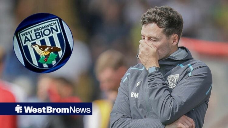 Ryan Mason with head in hands with West Brom badge in circle