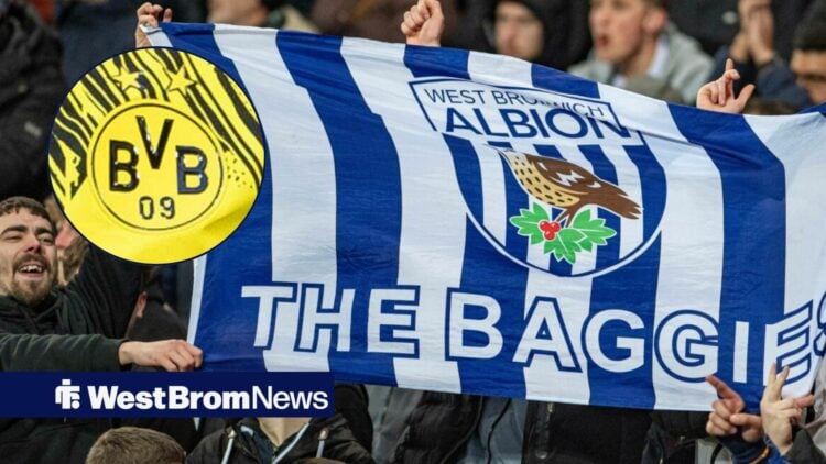 West Brom fans holding a flag alongside a circle inset of the Borussia Dortmund badge
