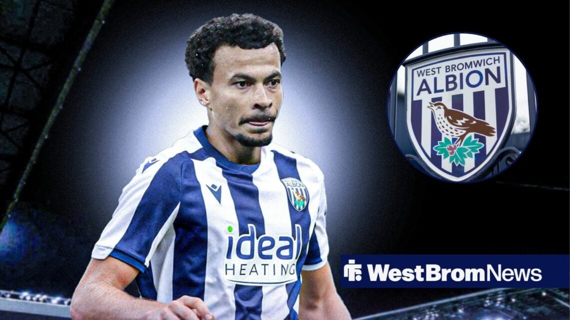 Dele Alli in a West Brom kit, with a West Brom badge in a circular frame alongside him