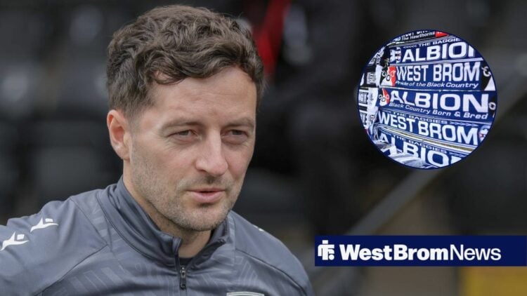 Ryan Mason alongside a circle inset of West Brom scarves.