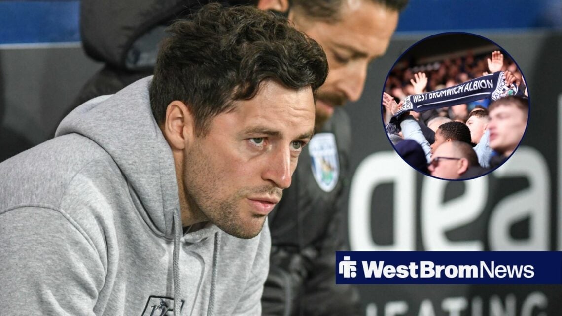 Ryan Mason watches on from the West Brom bench, with West Brom fans in a circular frame inset