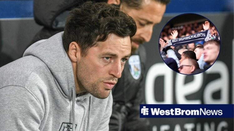 Ryan Mason watches on from the West Brom bench, with West Brom fans in a circular frame inset