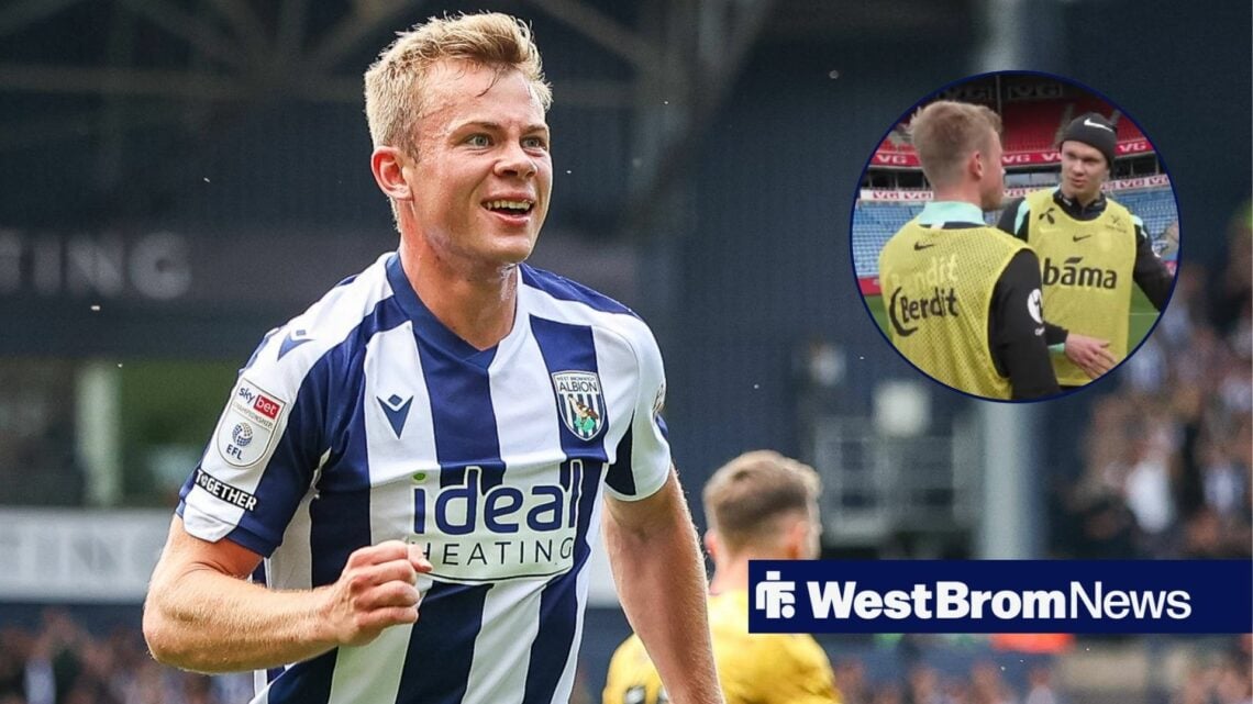 Erling Haaland in training gear with West Brom's Aune Heggebo