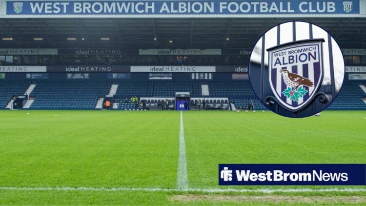 The Hawthorns alongside a circle inset of the West Brom badge.