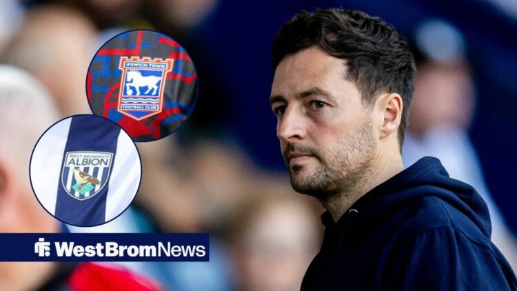 Ryan Mason looking neutral with West Brom and Ipswich badge in frame