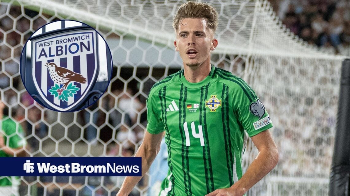Isaac Price in action for Northern Ireland, with a West Brom crest in a circular frame inset