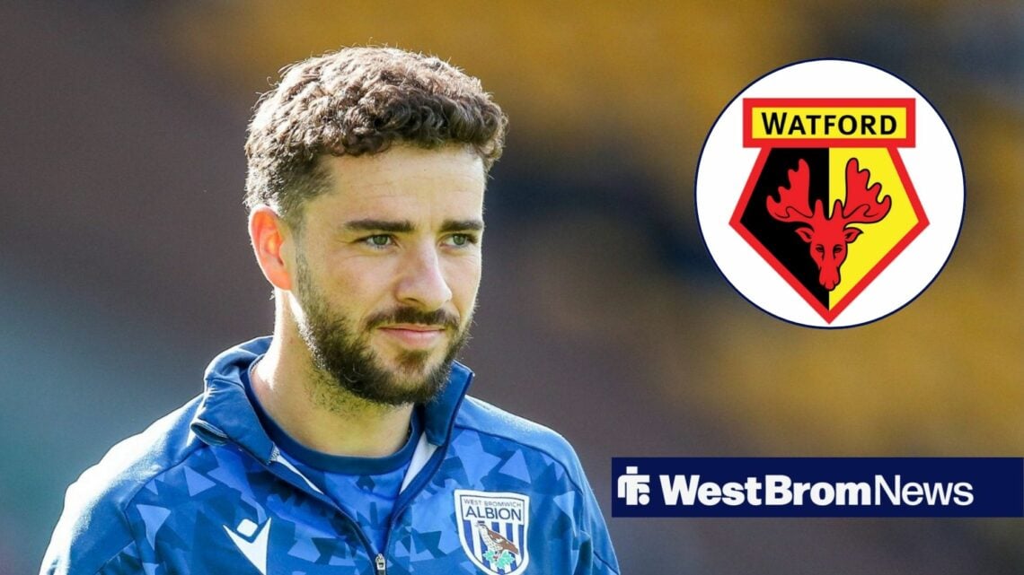 Mikey Johnston smirking at Watford badge in circular inset
